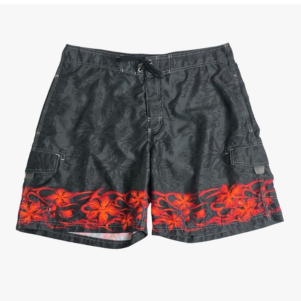 Vintage Y2K No Boundaries Cargo‎ Board Shorts Mens 38 Skull Tribal Floral Surf